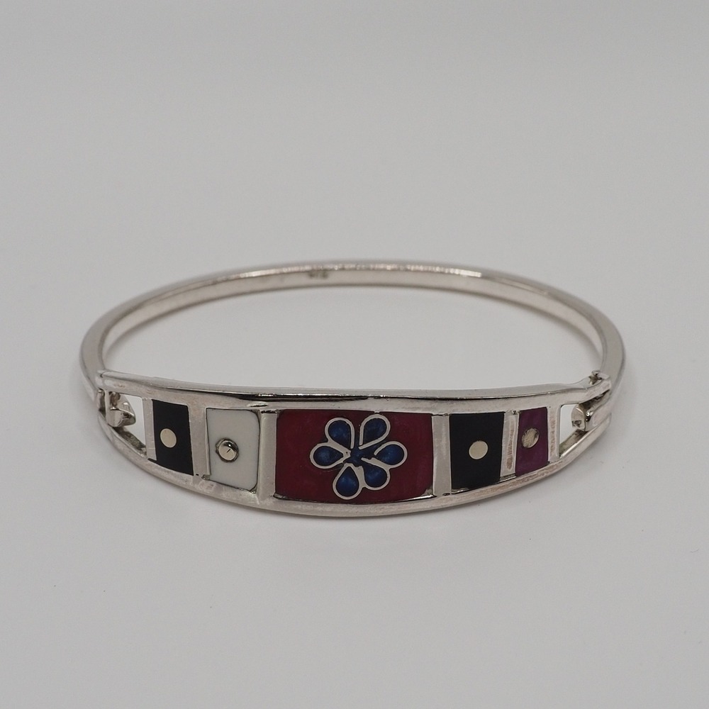 Vintage Bangle Bracelet 6.5 Hinged Red Enamel Floral Inlay Mexico 925 Silver